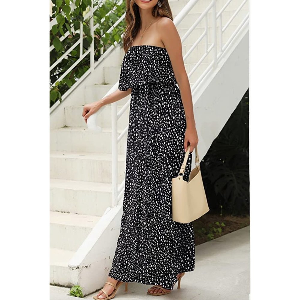 Boho Polka Dot Printed Ruffle Strapless Flowy Long Summer Maxi Dress - Picture 2 of 6